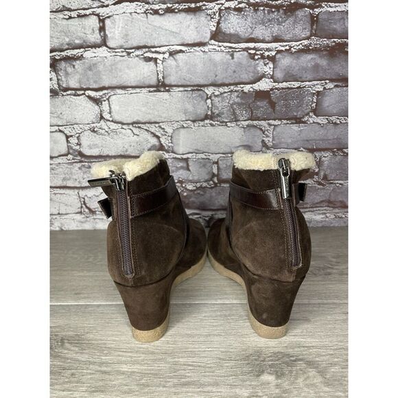 Aquatalia Brown Suede Faux Fur Strap Ankle Wedge Booties Women’s Sz 10M US/41EU - Picture 4 of 16